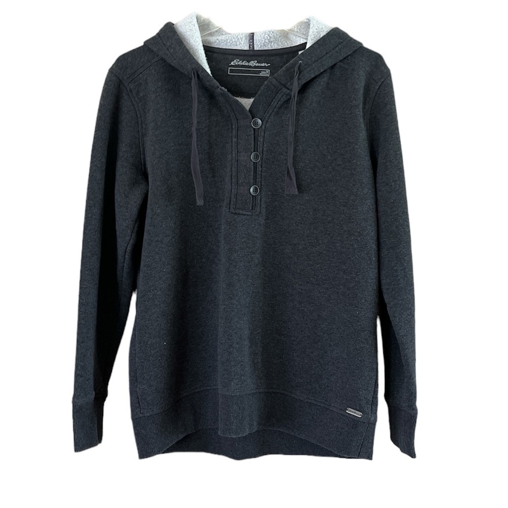 Eddie Bauer Woman’s Hooded Sweatshirt Long Sleeves Gray Size Medium Buttons